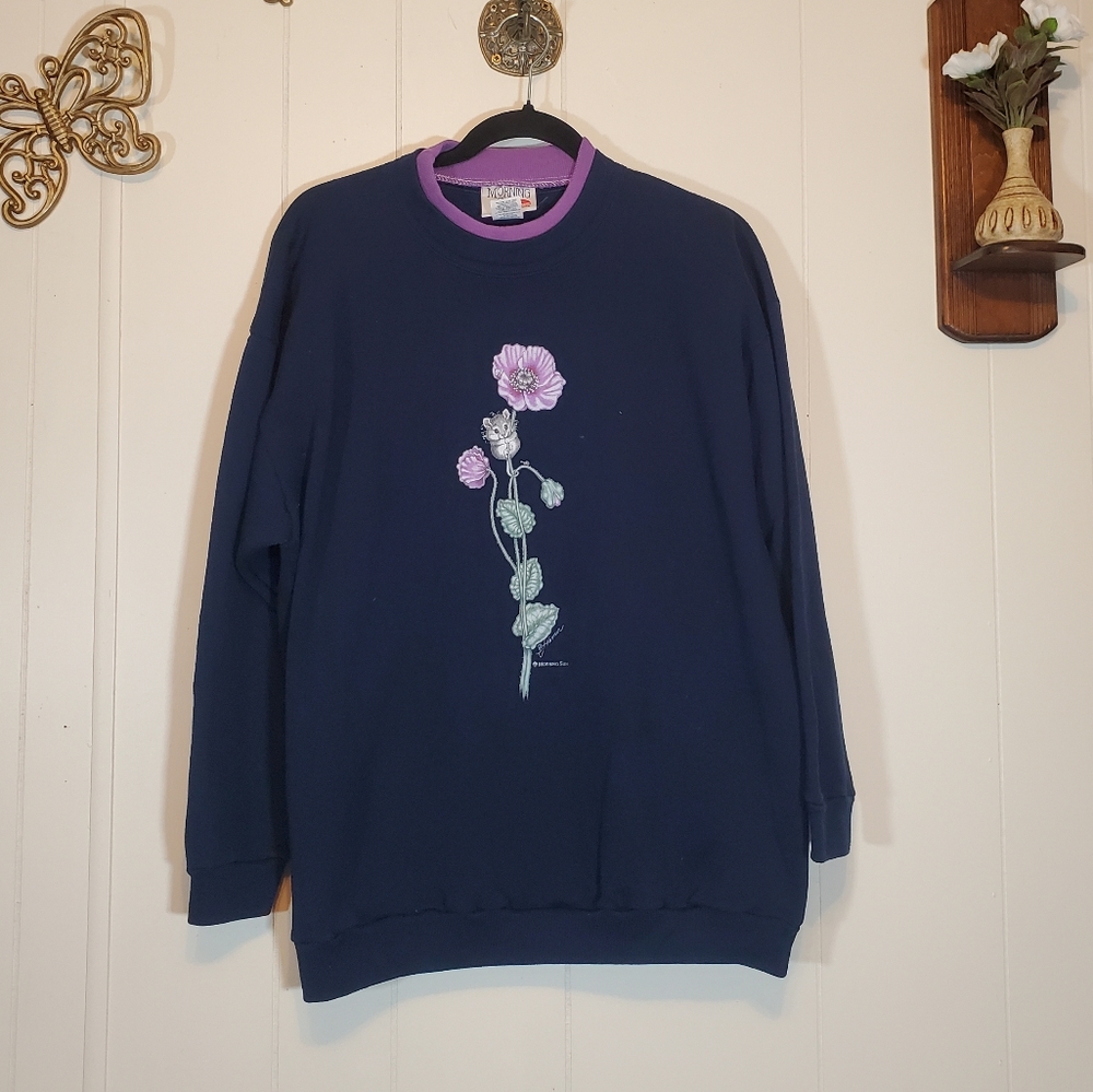 Vintage Crewneck Sweatshirt Mouse Flower Dark Blue Purple Petite Large